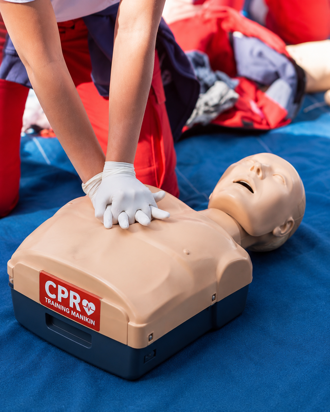 CPR training manikin with hands performing chest compressions